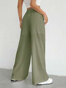 SHEIN EZwear 女士梭织休闲阔腿裤，春夏款 - 軍綠色 - 查看 5