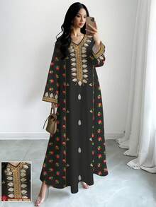 SHEIN Najma 女士花卉刺绣印花V领长袖优雅阿拉伯风格连衣裙，适合春秋季穿着 - 彩色 - 查看 1
