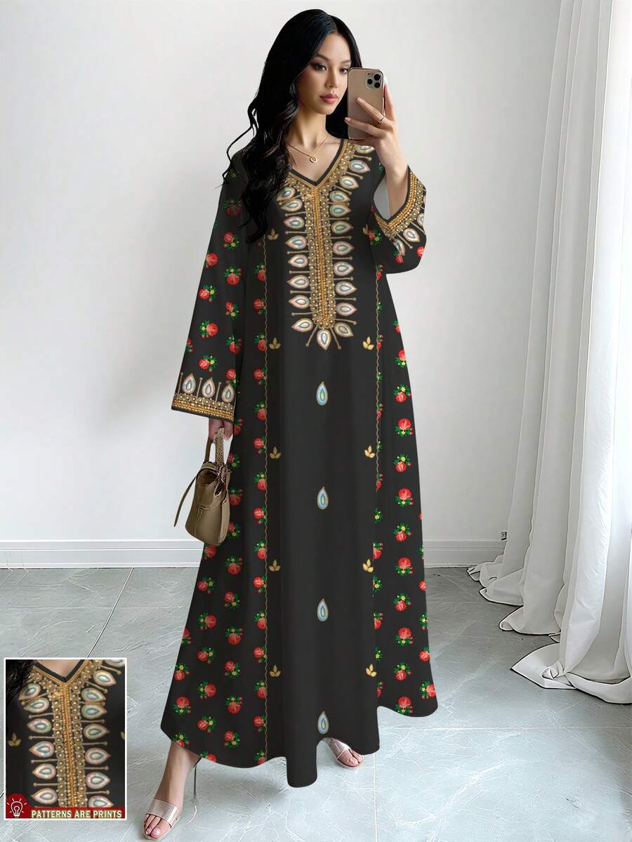 SHEIN Najma 女士花卉刺绣印花V领长袖优雅阿拉伯风格连衣裙，适合春秋季穿着 - 彩色 - 查看 1