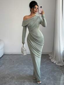 SHEIN Raffinéa 女士优雅浪漫绿色不对称肩部褶皱装饰腰部修身长袖连衣裙，秋冬款 - 薄荷綠 - 查看 6