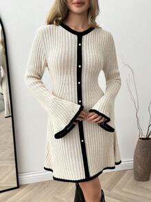 EURMUSE Beige Contrast Black Trim Rib Knit Flared Sleeve Sweater Dress With Button Front And Fit And Flare Silhouette For Women - Beige - View 3