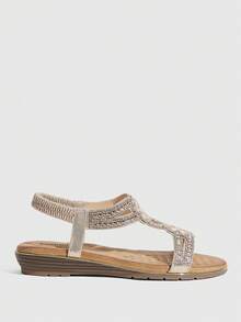 CUCCOO TILAWA Sandalias planas para mujer, zapatos de estilo bohemio, suela de PU minimalista con rhinestones y calados, cómodos, versátiles, ligeros y duraderos - Oro rosa - Ver 2