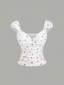 Sweetra 女士新款万圣节服装，也适合圣诞节、感恩节、新年等场合，以及派对、通勤、日常、旅行等夏季穿着。白色碎花印花上衣，修身腰部设计，褶皱收腰，甜美可爱蝴蝶结装饰印花针织泡泡袖心形领口T恤。 - 彩色 - 查看 7