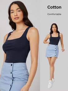 SHEIN BASICS Top de tirantes de cuello cuadrado de color liso - azul real - Ver 7