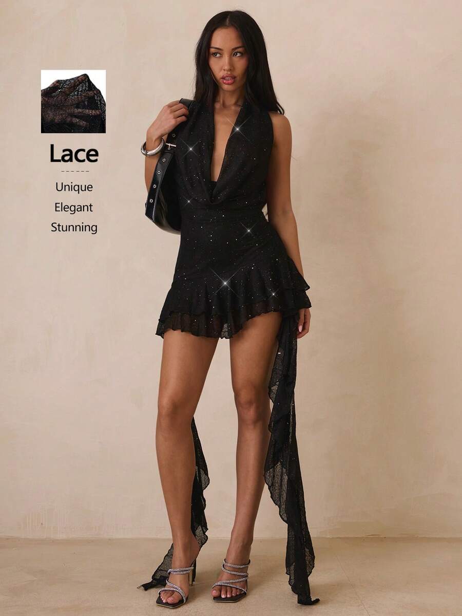 SHEIN Glamour 魅力女士黑色亮片性感深V露背系带荷叶边迷你连衣裙，优雅女士闪亮连衣裙，春季女士连衣裙，情人节女士服装，新年连衣裙，惊艳女神连衣裙，黑色连衣裙，吊带连衣裙，开衩大腿连衣裙，亮片连衣裙，荷叶边连衣裙，黑色迷你连衣裙，女士蕾丝连衣裙，黑色蕾丝蕾丝套装 - 黑色 - 查看 1