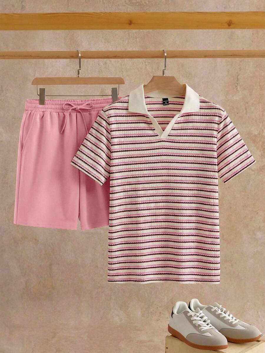 Manfinity VCAY 男士休闲条纹短袖polo衫和纯色短裤套装(2件套) - 粉色 - 查看 1