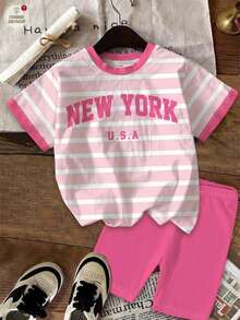 两件套女童休闲蓝条纹套装，饰有“NEW YORK”图案，搭配粉色撞色上衣和短裤，返校季学院风短袖上衣和短裤，可爱夏日装扮 - 彩色 - 查看 3