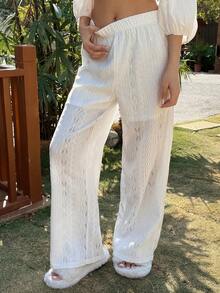 DAZY White Hollow-Out High Waist Vacation Beach Pants For Women - White - View 5