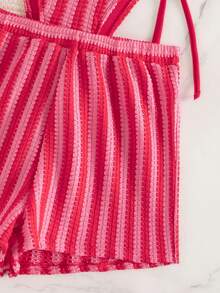 Swim Vcay 3pcs/Set Knitted Party, Beach, New Year Dress, Sexy Beach Dress, Red New Year Winter Christmas Dress, Elegant Summer Women Bikini Swimwear Set - Red - View 5