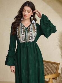 Al Najma Women's Elegant Sequin Patchwork Flare Sleeve Dress, Autumn - Dark Green - View 4