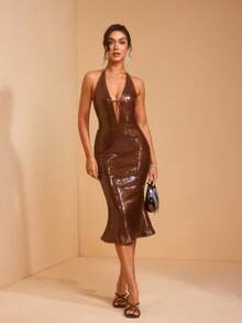 JIAN LASALA 纯棕色亮片深V领露背系带修身优雅中长连衣裙 - 咖啡 - 查看 6