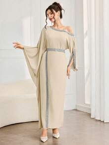 Al Najma Women's Elegant Arabic Style Asymmetric Collar Split Long Sleeve Dress With Woven Trim - Apricot - View 6