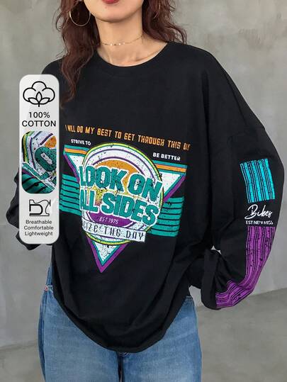 FRIFUL Damtröja med rund hals och långärmad löst sittande bomull med stort, ljust grafiskt tryck, lämplig från vår till sommar