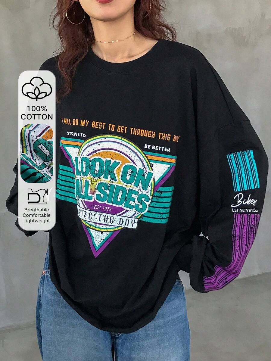 FRIFUL Women's Crew Neck Long Sleeve Loose Cotton T-Shirt With Large Bright Graphic Print, Suitable From Spring To Summer - Black - View 1