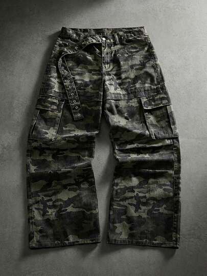 Grunge Punk Jeans cargo con stampa mimetica e cintura, abbigliamento casual da lavoro per uomo