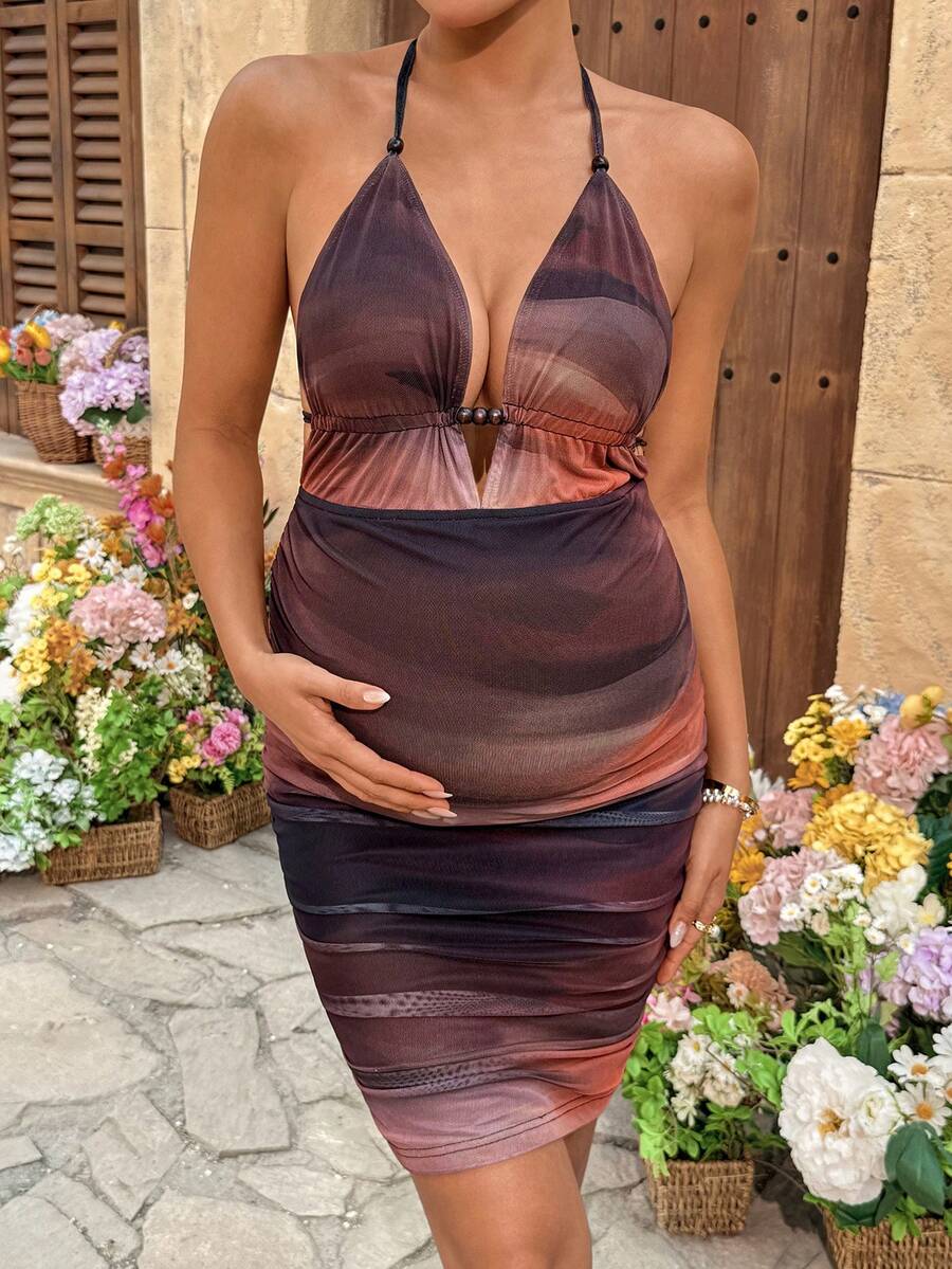 SHEIN 度假必备：扎染露背吊带性感孕妇连衣裙 - 彩色 - 查看 1