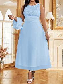 Fleurora Plus Size Women Floral Lace Short Sleeve Cardigan And Sleeveless Blue Dress Elegant 2 Piece Set Summer Dress  Spring Outfit Women  Party Dress Stylish Clothing Collection Light Blue Dress Curve - Blue - View 3