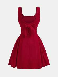 SHEIN Vestido rojo de línea A con cuello cuadrado elegante y lindo, con parches y gran lazo en la espalda para adolescentes - Rojo - Ver 2