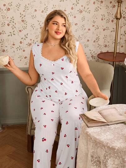 SHEIN 加大码浪漫樱桃印花蕾丝边蝴蝶结装饰方领睡衣套装