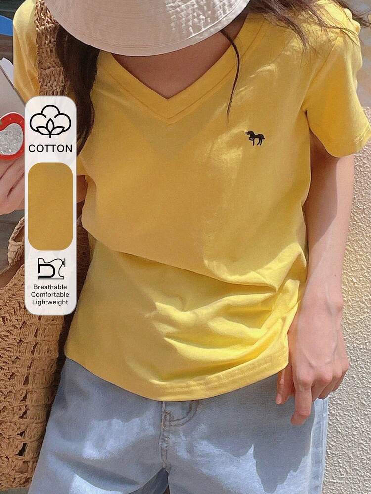 Women's V-Neck Short Sleeve Casual T-Shirt With Small Embroidery Decor, Versatile & Loose Fit, Summer