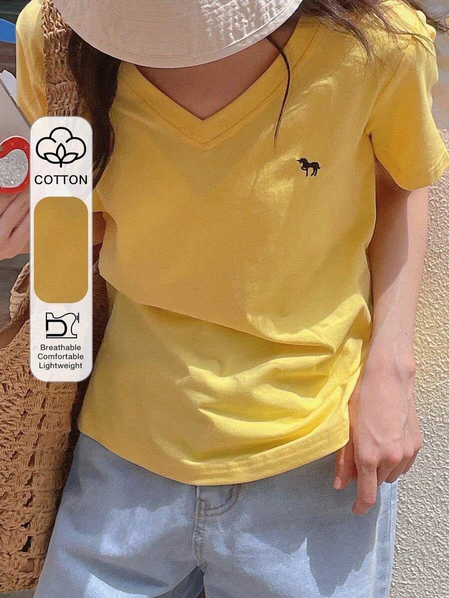DAZY Women's V-Neck Short Sleeve Casual T-Shirt With Small Embroidery Decor, Versatile & Loose Fit, Summer - Yellow - View 1