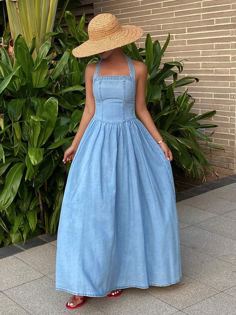 DAZY Đầm denim dài cổ yếm thắt eo thanh lịch dành cho nữ, kiểu dáng đi nghỉ mát. - Rửa nhẹ - Xem 1