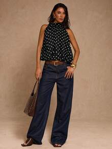 SHEIN Glamour Women's Polka Dot Print Fashion Halter Neck Blouse High Neck Top Sleeveless Top Black Polka Dot Top Polka Dot Blouse Statement Top,Beach Vacation,Summer Polka Dot Top Black Top Halter Neck Top Vacation Women,Beach Vacation For Women High Neck Blouse Sleeveless High Neck Top Polkadot Top Black And White Polka Dot Top - Black - View 5