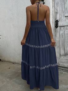 SHEIN EZwear 藏蓝色梭织休闲度假刺绣吊带连衣裙，女士，春夏款 - 藏蓝色 - 查看 2