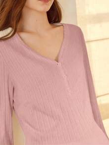 MOTF PREMIUM Conjunto de pijama con top de cuello en V de punto acanalado y pantalones con borde de lechuga - Rosa - Ver 3