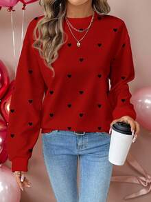 SHEIN LUNE Casual Minimalist Heart Graphic Print Round Neck Loose Fit Women Sweatshirt - Multicolor - View 1