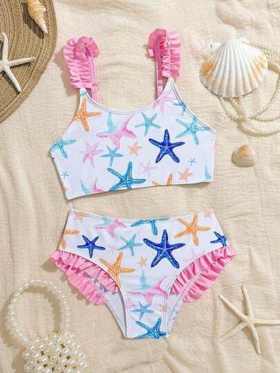 SHEIN Bộ 2 áo tắm tankini cho bé gái, họa tiết ngôi sao nhiều màu sắc dễ thương, viền hoa, chất liệu vải dệt kim, không tay, thời trang, giản dị, thanh lịch, phù hợp cho bơi lội, kỳ nghỉ hè, bãi biển, hồ bơi, tiệc tùng.