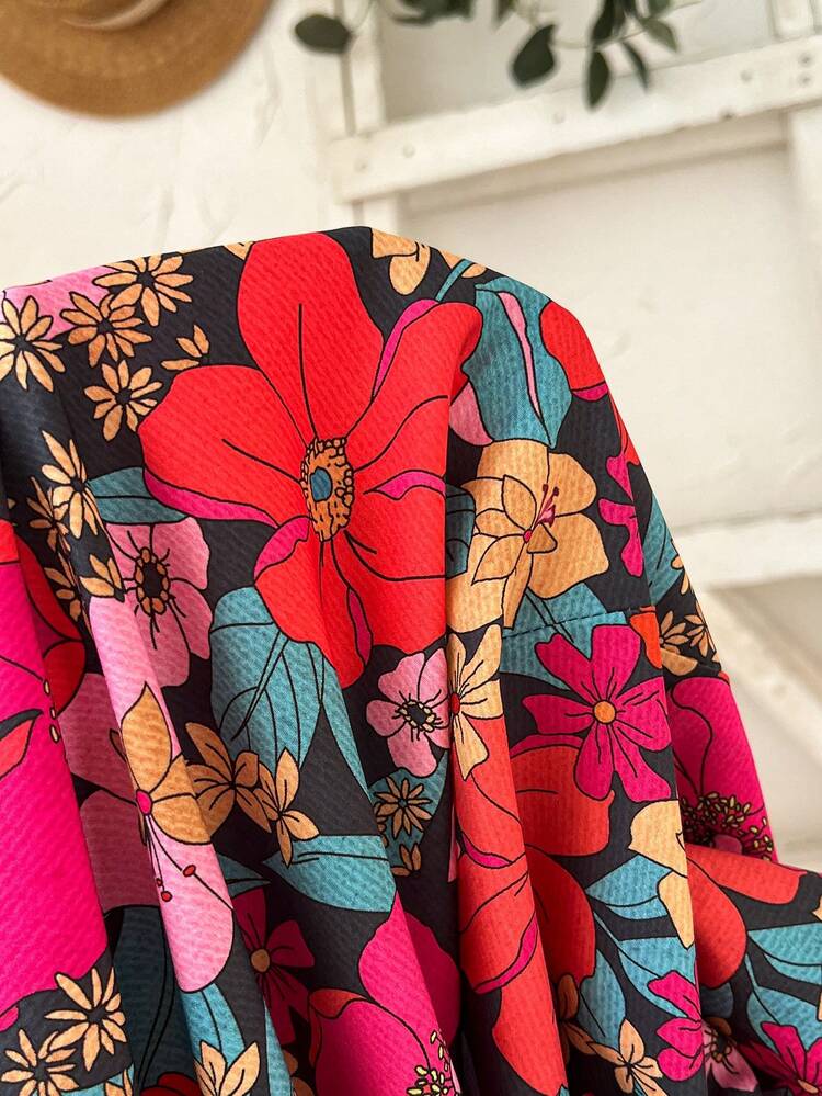 Plus Size Women Floral Print Round Neck Ruffle Sleeve Loose Blouse For Summer/Flower/ Vacation Summer Top Summer Summer Spring Spring Women Spring Country Style For Women