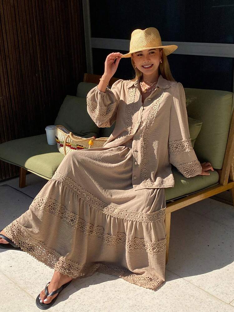 Women's Vacation Casual Solid Color Lace Patchwork Shirt And Skirt 2-Piece Set