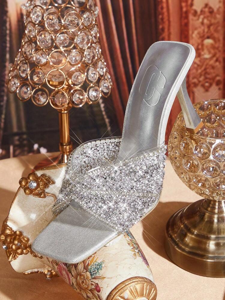 CUCCOO TILAWA Fashionable Square Toe Rhinestone Embellished Transparent Slip-On High Heel Sandals, Elegant & Sexy Party Dress Shoes For Women Summer Shoes