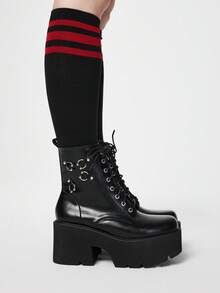 ROMWE Grunge Punk Giày bốt nữ gợi cảm, phong cách punk tối màu, đế dày, mũi tròn, trang trí khóa vuông kim loại kiểu Gothic, bốt chiến binh đế xuồng dự tiệc hộp đêm. - màu đen - Xem 4