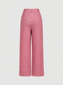 SHEIN MOD Women's Plaid Belted Straight Leg Casual Pants, - Red and White - View 3