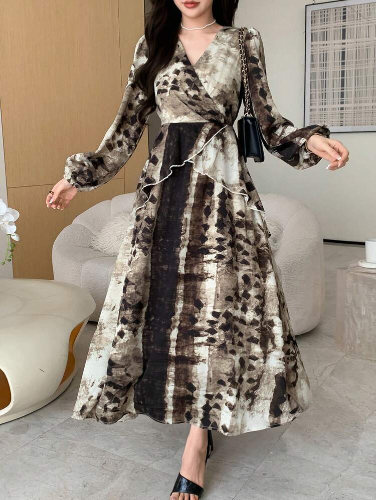 Women's Tie-Dye Overlap V-Neck Lantern Sleeve Elegant Mid-Length Dress Maxi Dress Sundress