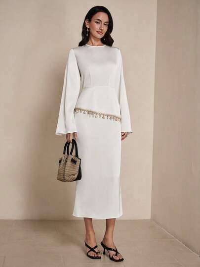 NOVVYNE Elegant Luxury Elegant 2 In 1 Round Neck Long Dress For Women Modest White Dress Rehersal Dinner Dress White White Elegant Dress Women White Long Sleeve Dress White Dress With Beaded Detail