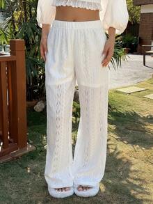 DAZY White Hollow-Out High Waist Vacation Beach Pants For Women - White - View 3