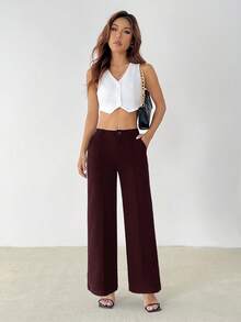 SHEIN PETITE Quần tây nữ ống đứng, màu trơn, có túi chéo phía trước. - Màu đỏ tím - Xem 4