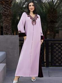 Handmade Velvet Patchwork Rhinestone Embellished Arabic Style Dress, Pink & Burgundy - Purple - View 1