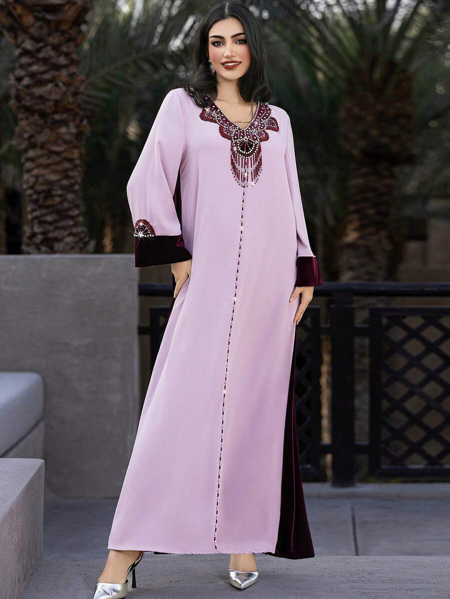 Handmade Velvet Patchwork Rhinestone Embellished Arabic Style Dress, Pink & Burgundy - Purple - View 1