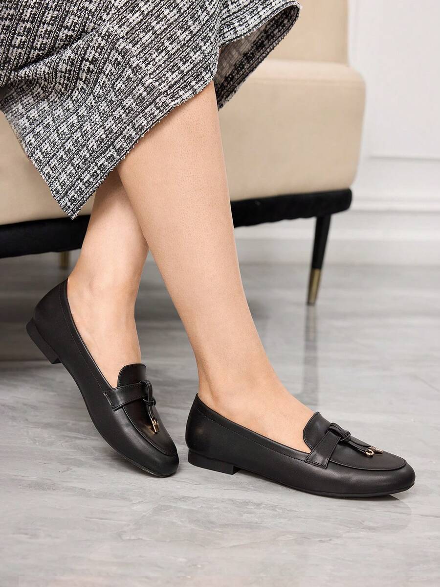 Sleekvia 女鞋 女士圆头平底黑色简约百搭女鞋 新款春秋季高帮软底女鞋 适合日常通勤上班女鞋 - 黑色 - 查看 1