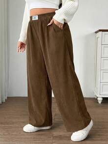 SHEIN EZwear 大码女式高腰宽松阔腿裤，灯芯绒面料，带口袋和贴布设计，适合校园、日常穿着和室内工作，秋冬季穿着。 - Volcanic Gray - 查看 4