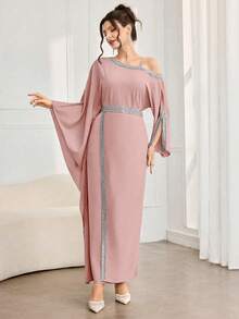 Al Najma Women's Elegant Arabic Style Asymmetric Neck Long Sleeve Split Hem Dress With Ribbon Trim - Baby Pink - View 6
