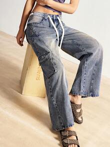 Bohemela 女士多段式多口袋腰带抽绳前拉链牛仔裤，适合春夏度假穿着，春季女装，女士裤装，春季黑色牛仔裤 - 深灰色 - 查看 5