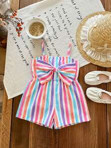 SHEIN LMoss Kids Bộ áo liền quần mùa hè dễ thương cho bé gái, màu hồng và trắng kẻ sọc, có nơ trang trí. - Nhiều màu - Xem 6