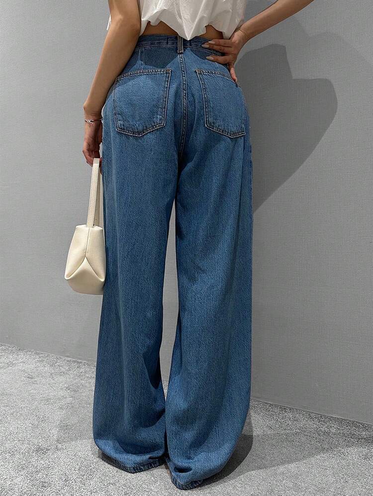 Vintage High Waist Pleated Wide Leg Straight Jeans, Flattering & Versatile