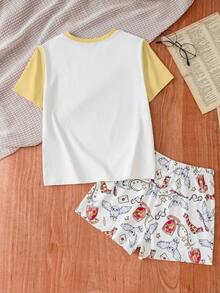 HARRY POTTER X SHEIN 2pcs Tween Girl Cute Cartoon Hedwig Owl Print Contrast Color T-Shirt And White Badge All-Over Print Shorts Pajama Set, Suitable For Spring/Summer - Yellow - View 2