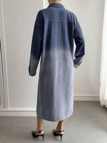 Livesso 女士休闲宽松渐变扎染直筒牛仔连衣裙，优雅百搭，适合办公室通勤、秋冬季节穿着 - 淺色水洗藍 - 查看 3